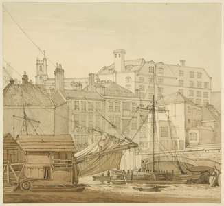 Stone Bridge, Head of Quay (St Giles'), including a view of the Host Street Sugar House, 1824 (pencil & w/c on paper)