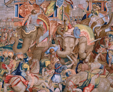 Flemish tapestry. Series The Acts of Scipio. The battle at Zama. Cartoonist Giulio Romano. Atelier of Balthasar van Vlierden (?), Brussels. 1523-1532. Detail.