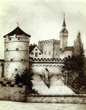 Old town gate on the Viktualienmarkt in Munich, 1836