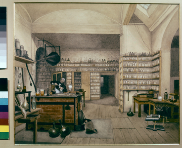 Michael Faraday at work in his laboratory in the Royal Institute, 1850 (watercolour)
