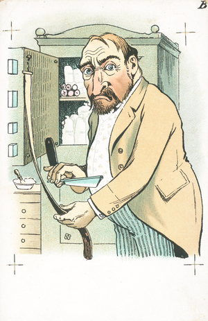 A man sharpening his straight razor on a leather strop (colour litho)