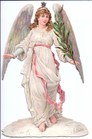 A Victorian Paper Scrap Relief of an angel holding a laurel branch, c.1880 (colour litho)