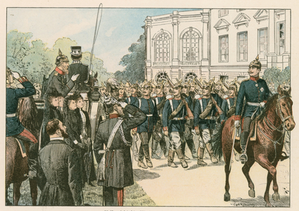 The last parade of Frederick III, German Emperor and King of Prussia (1831-1888), in 1888 (colour litho)