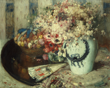 Still life of Flowers with a Fan (oil on canvas)