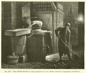 Isaac Berard fait seul, la nuit, l'experience de son cylindre analyseur a diaphragmes metalliques (engraving)