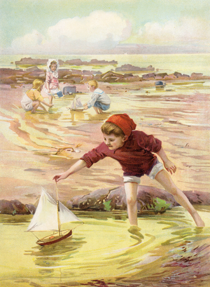 His new boat - boy playing with toy boat on the beach (colour litho)