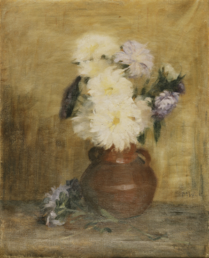 Asters in a Stoneware Jug on a Table, (oil on canvas)