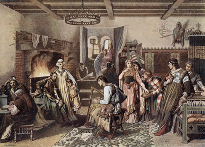 In the great hall of a castle in Germany, 13th Century (colour litho)