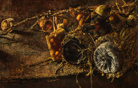 Still life with Cheese and Bottles (oil on canvas)