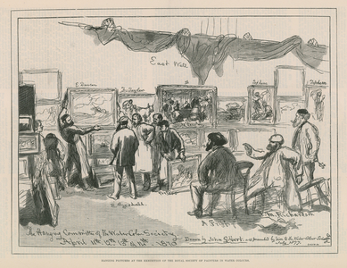 Hanging pictures at the exhibition of the Royal Society of Painters in Water Colours (engraving)