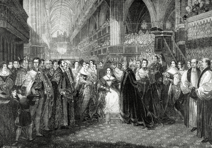 Coronation of Victoria as a Queen, 28 June 1838, in the Westminster Abbey by E. Cremer (engraving)