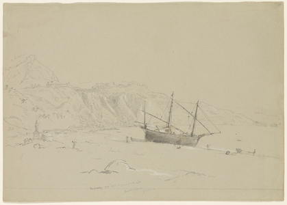 Boat on a Beach near Taormina, Sicily, 1842 (pencil heightened with white chalk on paper)