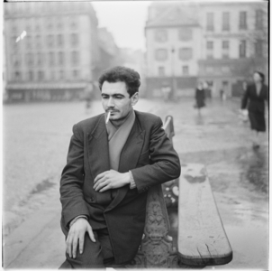 Gabriel Pomerand, portrait of French poet, artist and a co-founder of lettrism, Paris, France, mid 1950's (b/w photo)