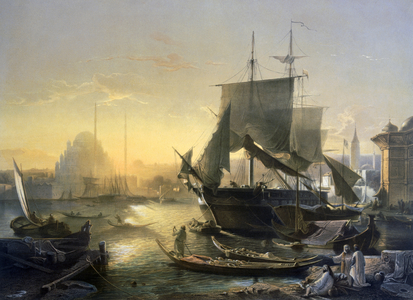 View of Shipping on the Bosphorus at Sunset (colour litho)