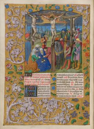 Temporale (1st portion: from First Sunday of Advent to Holy Saturday).
The Crucifixion (Good Friday). Border with floral decoration. Two columns of text with two initials.