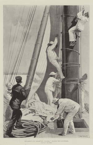 The America Cup, Aboard the "Columbia", hoisting the Club-Topsail (litho)