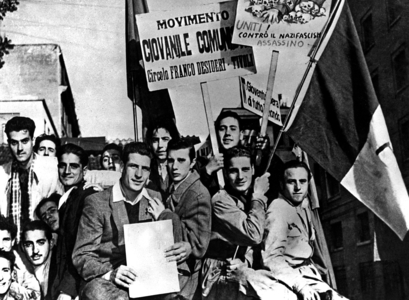 Members of the Youth Communist Movement rally to attend a mass meeting in Rome c. 1935