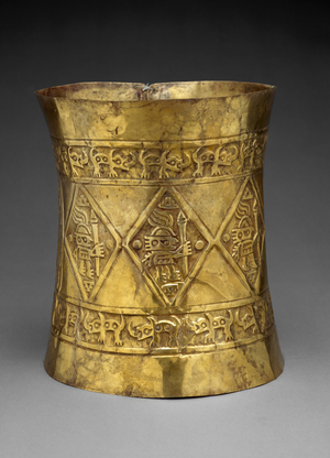 Crown Depicting Rulers or Gods Holding Ceremonial Staffs, 800-1350 AD (hammered and chased gold)