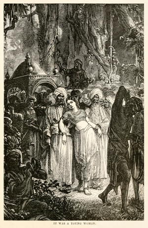 It was a young woman, from 'Around the World in Eighty Days' by Jules Verne (1828-1905), 1873 (engraving)