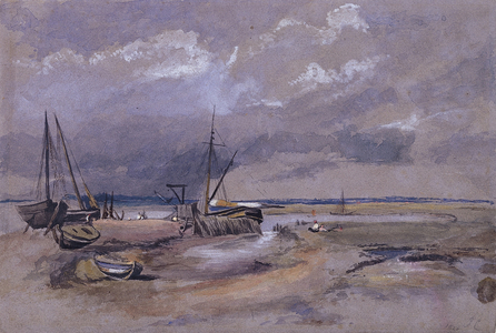Coastal Landscape with Beached Fishing Boats, 1820 (watercolour over pencil on grey paper)
