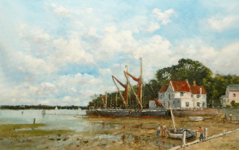 Barges on the Mud, Pin Mill (oil on canvas)