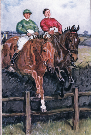 How we beat the favourite: Neck for Neck, from Poems of Adam Lindsay Gordon published by T. N. Foulis, 1912 (colour litho)