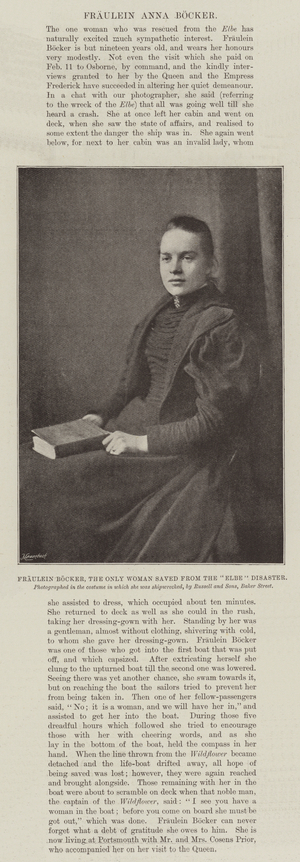 Fraulein Bocker, the only Woman saved from the "Elbe" Disaster (b/w photo)