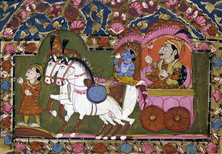 India: Krishna and Arjuna on a chariot, from an 18th/19th-century Indian carpet (tapestry)