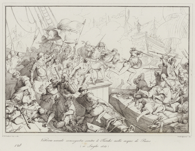 Vittoria navale conseguita contro a Turchi nelle acque di Paros, 1651 (engraving)