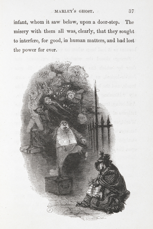 Scrooge is visited by the ghost of Jacob Marley, his former business partner. Marley then departs into the night sky, surrounded by a countless horde of other spirits, some of whom were known to Scrooge when they were alive, all of them chained in a similar manner to Marley. Like Marley, they suffer endlessly as they struggle in vain to make up for their wasted lives by attempting to help a homeless mother and child.