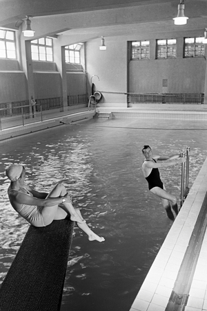 Sports and relaxation in the swimming pool, Freudenstadt, Germany 1930s (b/w photo)