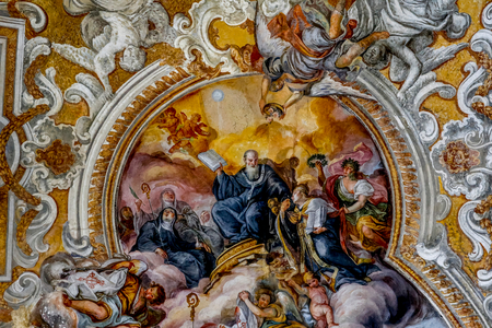 San Benedetto (St Benedict) church, Catania, Sicily (Italy). Ceiling fresco detail (18th century). St Benedict. (photo)
