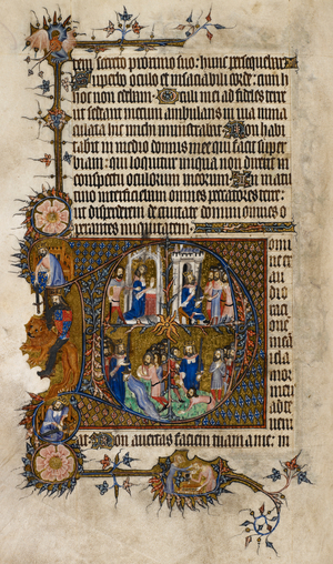 Egerton 3277, f.68v Historiated initial 'D'(omine) at Psalm 101, page from 'Psalter, Use of Sarum ('The Bohun Psalter and Hours') c.1356-73 (vellum)