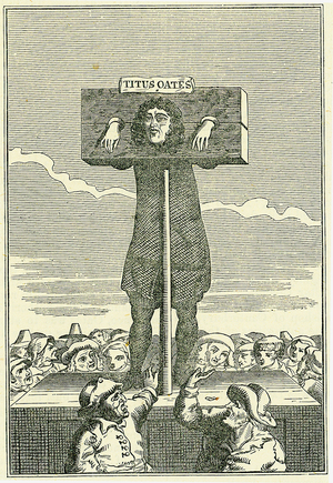 Titus Oates (1649-1705) in the pillory as a punishment for perjury (1685). Oates was the inventor of the Popish Plot, a supposed Roman Catholic conspiracy to kill Charles II. On his false evidence up to 15 people were executed and many other imprisoned under suspicion. Engraving. 
