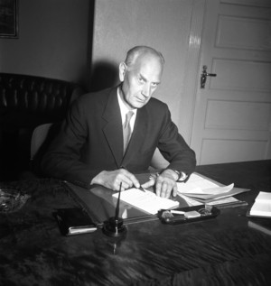 Oslo 19550607. The 50th anniversary of the Union resolution 1905. Prime Minister Einar Gerhardsen in …, 1955 (photo)