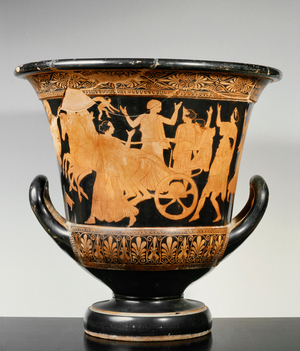 Attic red-figured krater with scene of the killing of Leukippos, the lover of Daphne