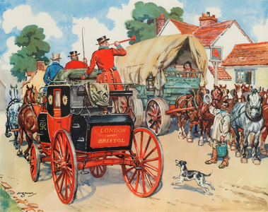 A goods wagon and a London Mail Coach late 18th Century (colour litho)