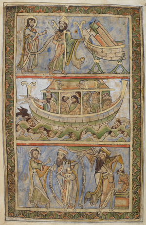 Noah commanded to build the ark. God addresses Noah, who holds an axe in his right hand, and the prow of the half finished vessel in the other. The return of the dove with the olive branch; the ark is filled with Noah's family and animals; the raven pecks at the head of a dead man. Sacrifice of Isaac. God points to Abraham, who is about to sacrifice Isaac; an angel seizes Abraham's sword