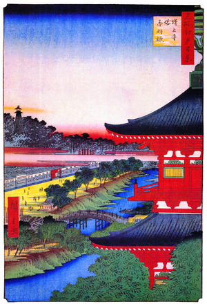 Japan: Summer: The Pagoda of Zojoji Temple and Akabane; Zojo-ji, Akabane Bridge, residence of daimyo Arima of Kurume. Image 53 of '100 Famous Views of Edo'. Utagawa Hiroshige (first published 1856-59)