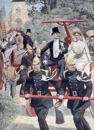 wedding on fire engine in Bildeston in England, lastpage of newspaper Petit Journal august 29, 1909