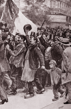 Illustration depicting Parisian crowds declaring war with Germany