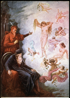 Literature. Faust, pact with the devil. Illustration in: Faust, play by Johann Wolgang von Goethe (1808). Postcard, Austria, c.1900 (postcard)