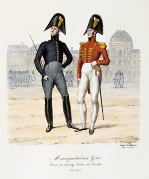 Grey Musketeers, 1814-1815. From Histoire de la maison militaire du Roi de 1814 a 1830 by Eugene Titeux, Paris, 1890.
