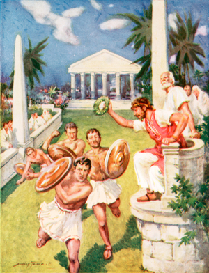 Race in memory of a great Greek victory, c.1910 (colour litho)