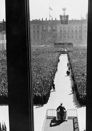 Adolf Hitler speaks at the rally for the First of May, 1937 (b/w photo)