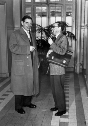 Sacha Nacht (l, 1901-1977) French psychoanalyst and Julian de Ajuriaguerra (1911-1993) spanish psychiatrist c. 1955