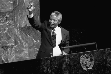 Nelson Rolihlahla Mandela addressing the UN General Assembly in 1990 (b/w photo)