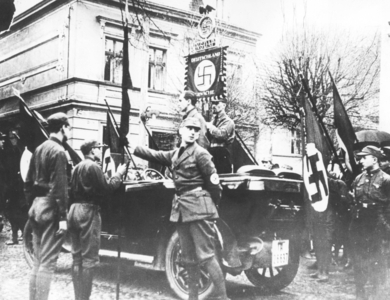 Joseph Goebbels with a propaganda march of the SA in Trebbin, 1927