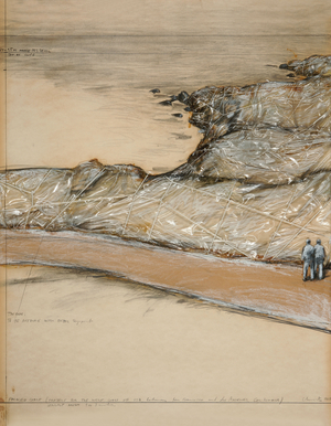 Packed Coast (Project for the West Coast of USA, between San Francisco and Los Angeles, California), 1968 (polyethylene, twine, charcoal, wax crayon and graphite on card)