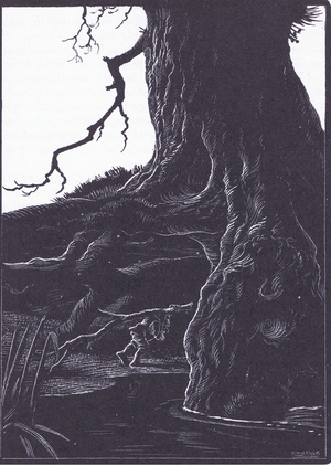 Baldmoney carries firewood into Oak Tree House, illustration from Little Grey Men published by Methuen, 1974 (litho)